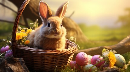 Wall Mural -  a rabbit is sitting in a basket with eggs and daisies in the grass next to a basket of flowers.