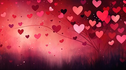 Wall Mural - valentine's day background illustration with numerous hearts a red background with pink, dark red and dark pink doodles in the style of romantic landscape, sparse backgrounds