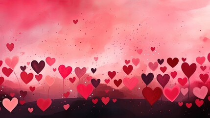 Wall Mural - valentine's day background illustration with numerous hearts a red background with pink, dark red and dark pink doodles in the style of romantic landscape, sparse backgrounds