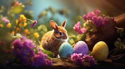 Wall Mural -  a rabbit sitting in the middle of a field of flowers with easter eggs in the foreground and flowers in the background.