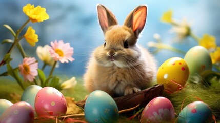 Sticker -  a rabbit sitting in a basket surrounded by easter eggs and daffodils in a field of daffodils.