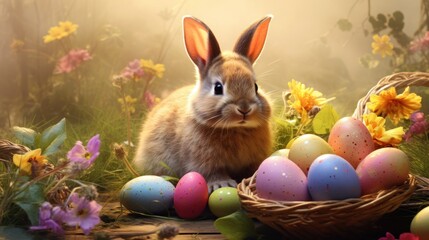 Wall Mural -  a rabbit sitting in front of a basket of eggs with daisies and daisies on the ground next to it.