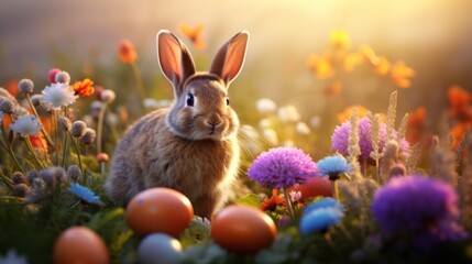 Wall Mural -  a rabbit sitting in the middle of a field of flowers with eggs in the foreground and flowers in the background.