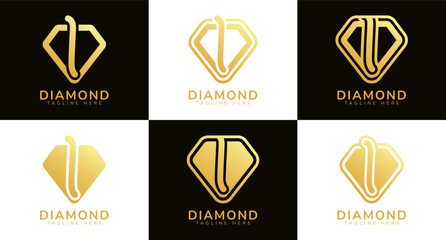 Set of diamond logos with initial letter I. These logos combine letters and rounded diamond shapes using gold gradation colors. Suitable for diamond shops, e-commerce