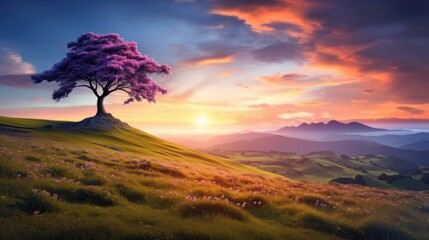 Wall Mural -  a painting of a tree on top of a hill with a sunset in the background and clouds in the sky.