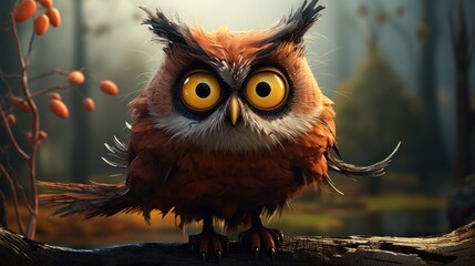 Poster -  a close up of an owl on a tree branch with a forest in the background with orange and yellow eyes.