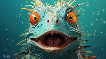 Poster -  a close up of a fish with its mouth open and it's eyes wide open and it's tongue out.