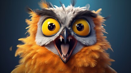 Poster -  a close up of an owl's face with yellow eyes and an angry look on it's face.