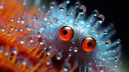 Canvas Print -  a close up of an orange and blue sea anemone with drops of water on it's eyes.