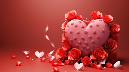 Wall Mural -  a pink heart surrounded by red roses and confetti on a red background with white hearts scattered around it.