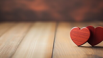 Wall Mural - Two wooden hearts on wooden background with grey bokeh background valentine love concept