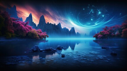 Wall Mural -  a painting of a landscape with mountains and a lake in the foreground and a star filled sky in the background.