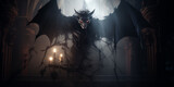 Fototapeta  - Scary evil bat vampire monster in dark room with smoke