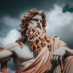 Handsome marble statue of powerful greek god Zeus over dark background, The powerful king of the gods in ancient Greek religion.