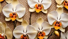  A Group Of White And Yellow Orchids On A Polka Doted Surface With A Brown Polka Doted Wall Behind Them And A Polka Doted Wall Behind Them.