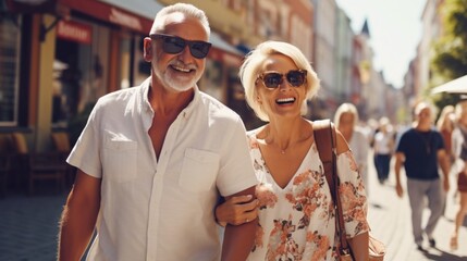 Elderly couple joyfully exploring city streets in spring.