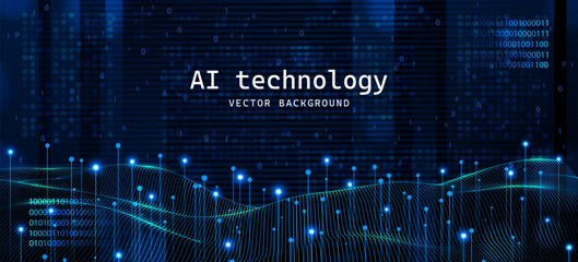 AI technology. Binary coding. Artificial data tech. Cyber network development. Science futuristic innovation. Website analytics. Business space code. Wireframe computer engineering. Vector background