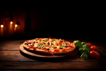 Wall Mural - Pizza with bacon, sausages, ham, tomato and olives. Sprinkle with arugula and served with tomato and cheese. Pizza Restaurant. Snack, dinner