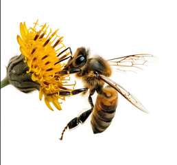 Wall Mural - A honey bee sitting on a yellow flower isolated on a transparent background