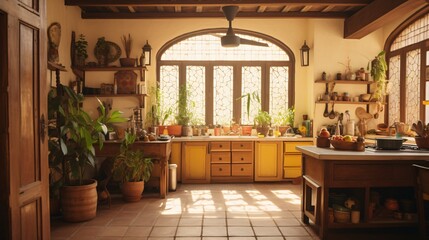 Spacious view of a vacant, inviting kitchen adorned with Indian accents, featuring traditional South Asian decor and a broad window welcoming the season's sunshine and warmth. Charming, retro vibe.