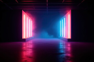 Neon graphic room illuminated bright showcase scene glow smoke surrounded two walls Abstract copy space banner design room