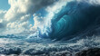 Tsunami Trigger:  Underwater seismic activity triggering a tsunami, with waves forming and growing in the open ocean