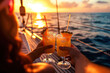 © Hunman - Pina Colada sunset cruise, a couple toasting with Pina Coladas on a boat at sunset, the warm glow of the sun reflecting on the water, creating a romantic and picturesque scene.