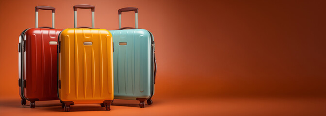 Three colorful suitcases on bright orange background, banner with copy-space