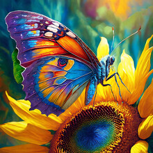 An Portrait Image Of A  Very Colorful Butterfly On A Sunflower.