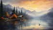 misty lake surrounded by mountains serene