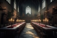 Hogwarts Castle School Witchcraft Wizardry Ning Room Old Wizard Dark Interior Fantasy Background Dramatic Gothic Scene Style Magic Creepy Background