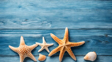 Sea Shells On A Blue Background, Starfish And Seashells On A Wooden Background The Concept Of A Summer Vacation, Marine Objects, Shells And Starfish On Wood