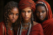 A group of three African women adorned in headscarves and beads specific to their ethnic heritage.