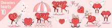 A Set Of 10 Heart Characters In A Trendy Retro Cartoon Groove Style For Your Valentine's Day Designs. Suitable For Greeting Cards, Posters, Prints. Vector Illustration.