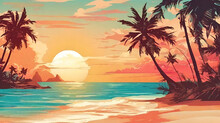 Tropical Island With Palm Trees Beach By The Sea Background, A Tropical Beach With Palm Trees And The Sun, Sunset Tropical Sea Landscape Boat And Palm Island Silhouette Sunset Palm Vector Beach