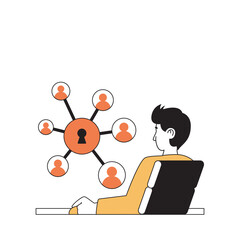 Fototapete - Cyber security concept with cartoon people in flat design for web. Man using protective digital key for access in internet community. Vector illustration for social media banner, marketing material.