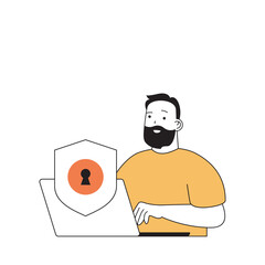 Fototapete - Cyber security concept with cartoon people in flat design for web. Man using protection system for saving his digital data at laptop. Vector illustration for social media banner, marketing material.