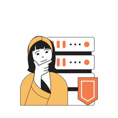 Aufkleber - Cyber security concept with cartoon people in flat design for web. Woman using shield protection system for server database safety. Vector illustration for social media banner, marketing material.