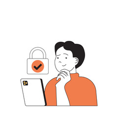 Fototapete - Cyber security concept with cartoon people in flat design for web. Man uses security system with padlock password access at mobile app. Vector illustration for social media banner, marketing material.