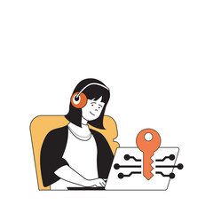 Fototapete - Cyber security concept with cartoon people in flat design for web. Woman uses safety connect and security system with key at laptop. Vector illustration for social media banner, marketing material.