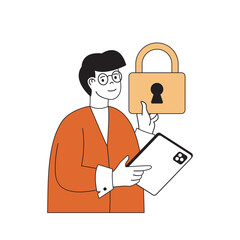 Fototapete - Cyber security concept with cartoon people in flat design for web. Man using protection system with safety passwords for all devices. Vector illustration for social media banner, marketing material.