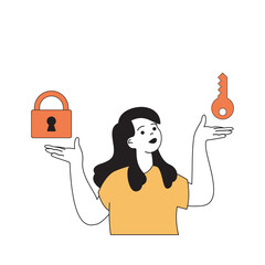 Fototapete - Cyber security concept with cartoon people in flat design for web. Woman protecting digital data with safety system with passwords. Vector illustration for social media banner, marketing material.