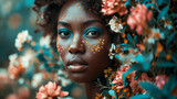 Fototapeta  - A black woman with colorful makeup completely surrounded by flowers