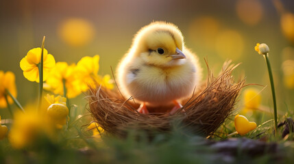 Canvas Print - Easter yellow chicken in an eggshell on the background of spring nature. Generative AI