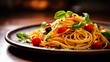 Perfectly Al Dente: Spaghetti Aglio e Olio with Cherry Tomatoes and Fresh Basil on a Dark Plate