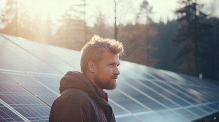 A young man with a beard against the background of solar panels. Ecological energy in action.