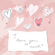 Valentines Day card with doodle paper hearts and love note on a textured background. Vector illustration