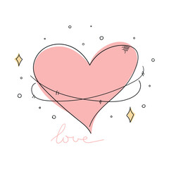 Hand drawn heart planet with rings decorated with stars. Vector illustration