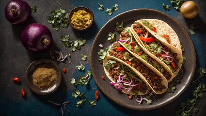 Wall Mural - Delicious traditional taco with meat and onion on old background