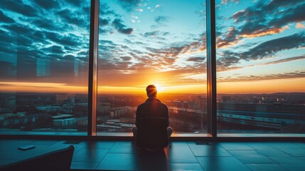 Wall Mural - A person sitting in front of a window looking out at the sunset, AI